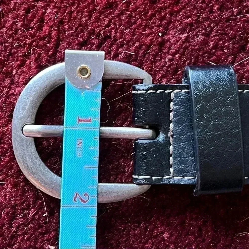 Women’s Vegan Black Pebble Leather Brushed Silver Tone Equestrian Belt Size XL